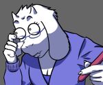 anthro boss_monster_(undertale) bovid breasts caprine cleavage clothed clothing deltarune female fur goat komm64 lowering_glasses mammal meme parody pen reaction_image solo toriel undertale_(series) white_body white_fur wide_eyed