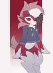ambiguous_gender animated anthro canid canine clothed clothing countershade_face countershade_neck countershade_torso countershading fur generation_7_pokemon glowing glowing_eyes grey_clothing grey_hoodie grey_jacket grey_topwear hair hi_res hoodie jacket liteee looking_at_viewer lycanroc mammal midnight_lycanroc navel nintendo pokemon pokemon_(species) red_body red_fur simple_background smile solo tail thick_thighs topwear white_body white_countershading white_fur white_hair white_tail