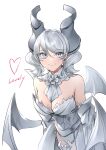  1girl absurdres bare_shoulders breasts cleavage cowboy_shot demon_girl demon_horns demon_wings dress duel_monster grey_eyes grey_hair heart highres horns large_breasts lovely_labrynth_of_the_silver_castle medium_hair meshida_(lux-far-accelerator) simple_background smile solo strapless strapless_dress twintails white_background white_dress wings yu-gi-oh! 