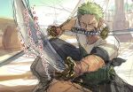  1boy bandana dark-skinned_male dark_skin foreshortening frown gackbuck green_hair holding holding_sword holding_weapon katana male_focus one_piece pants pointing_weapon protected_link roronoa_zoro sanpaku serious ship short_hair sideburns sketch solo spread_legs squatting sunlight sword translation_request triple_wielding tsurime watercraft weapon 