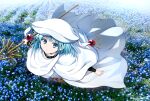  1girl blue_eyes blue_flower blue_hair capelet cloak commentary_request day flower flying full_body hat hecate_(shakugan_no_shana) highres holding holding_staff long_sleeves looking_at_viewer outdoors parted_lips robe shakugan_no_shana solo staff tachitsu_teto white_capelet white_cloak white_hat white_robe 