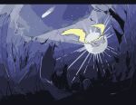  awai_(pixiv29777040) cave comet facing_away floating full_body glowing jirachi night no_humans outdoors pokemon pokemon:_jirachi:_wish_maker pokemon_(anime) pokemon_(creature) pokemon_rse_(anime) solo star_(sky) 