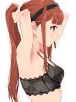  1girl armpits arms_behind_head arms_up bare_shoulders black_bra black_hairband blush bra breasts brown_eyes brown_hair earrings floral_print from_side hair_tie_in_mouth hairband highres idolmaster idolmaster_million_live! idolmaster_million_live!_theater_days jewelry lace-trimmed_bra lace_trim long_hair looking_at_another medium_breasts mouth_hold print_bra sidelocks solo tanaka_kotoha tetsujin_momoko tying_hair underwear underwear_only upper_body 