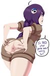  1girl anus ass jlullaby presenting purple_hair pussy shorts solo thighs uncensored zone-tan 