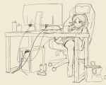  1girl :3 bag barefoot can chair commentary computer contemporary denkirk desk drink_can elf english_commentary frieren gaming_chair high_contrast lineart long_hair monitor monochrome paper_bag parted_bangs pointy_ears reclining revision shorts simple_background sitting soda_can solo sousou_no_frieren spread_legs swivel_chair toes yellow_background 
