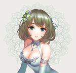 armlet blue_eyes breasts cleavage detached_sleeves flower green_eyes green_flower green_hair grey_background hair_flower hair_ornament heterochromia idolmaster idolmaster_cinderella_girls idolmaster_cinderella_girls_starlight_stage jewelry large_breasts long_hair looking_at_viewer mole mole_under_eye necklace parted_lips redamon simple_background smile solo takagaki_kaede upper_body 