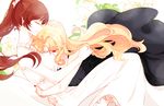  2girls artist_request blonde_hair brown_hair collarbone couple dress eyes_closed fate_testarossa flower hair_ornament happy hug lily long_hair lyrical_nanoha mahou_shoujo_lyrical_nanoha mahou_shoujo_lyrical_nanoha_strikers mahou_shoujo_lyrical_nanoha_vivid multiple_girls ponytail red_eyes scrunchie simple_background smile takamachi_nanoha yuri 