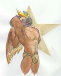  2016 abs anthro armpit_hair avian azul_(artist) battleborn beak benedict bird bulge clothing feathered_wings feathers hawk jockstrap looking_at_viewer male muscular muscular_male pecs simple_background smile solo standing underwear wings 