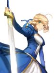  1girl ahoge artoria_pendragon_(fate) blonde_hair blue_dress blue_ribbon braid breasts cleavage_cutout closed_mouth clothing_cutout dress excalibur_(fate/stay_night) fate/grand_order fate_(series) green_eyes hair_ribbon highres holding holding_sword holding_weapon juliet_sleeves long_sleeves looking_at_viewer nanbo_ataru_(attall) painttool_sai_(medium) photoshop_(medium) puffy_sleeves ribbon saber_(fate) short_hair simple_background small_breasts solo sword weapon white_background 