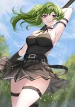  1girl arm_strap arm_up armpits belt black_belt black_choker black_dress blue_sky breasts choker commentary cowboy_shot day dress green_hair grin halter_dress halterneck highres long_hair looking_at_viewer medium_breasts pleated_dress purple_eyes short_dress side_ponytail sky smile solo sousou_no_frieren standing ten-chan_(eternal_s) thigh_strap thighs ubel_(sousou_no_frieren) 