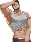  1boy abs_peek bara beard brk_603 brown_hair clothes_pull cowboy_shot facial_hair full_beard hand_on_own_head male_focus muscular muscular_male navel original pants pants_pull pulled_by_self short_hair simple_background solo tank_top white_background white_tank_top 