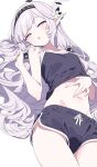  1girl absurdres black_hairband black_shorts blue_archive blush dolphin_shorts flower grey_hair hair_flower hair_ornament hair_tubes hairband halo highres himari_(blue_archive) hiroikara_(smhong04) long_hair looking_at_viewer lying mole mole_under_eye navel open_mouth pointy_ears purple_eyes short_shorts shorts simple_background sleeveless solo white_background white_flower 