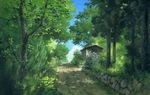  building cloud commentary_request day derivative_work flower forest grass hosoi_mikio nature no_humans outdoors plant road scenery sky stone_wall studio_ghibli traditional_media tree wall 