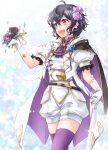  1girl ahoge alternate_costume black_hair cape coat cosplay ebi_puri_(ebi-ebi) fire_emblem fire_emblem_awakening fire_emblem_heroes flower gloves hair_flower hair_ornament highres jewelry morgan_(female)_(fire_emblem) morgan_(fire_emblem) purple_thighhighs ring robin_(male)_(groom)_(fire_emblem) shorts thighhighs wedding_ring white_coat white_gloves white_shorts 