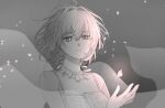  1girl antenna_hair bad_id bad_twitter_id bare_shoulders dress expressionless jewelry light_particles looking_down monochrome necklace parted_lips petals rii2a77ru sakura_hime short_hair solo spot_color tsubasa_chronicle upper_body wind 