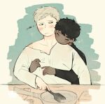  2boys black_hair black_shirt blonde_hair blue_background blush brown_eyes closed_eyes commentary_request dark-skinned_male dark_skin dungeon_meshi frying_pan hand_up hands_up highres holding holding_spatula hug hug_from_behind kabru laios_touden long_sleeves looking_at_another male_focus multiple_boys musical_note off_shoulder shirt short_hair smile spatula squeans sub_subac table translation_request turtleneck upper_body very_short_hair white_shirt yaoi 