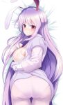  1girl amisu animal_ears ass blush closed_mouth commentary_request long_hair looking_at_viewer panties purple_hair rabbit_ears rabbit_girl red_eyes reisen_udongein_inaba see-through simple_background smile solo touhou underwear very_long_hair white_background 