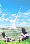  arm_support black_hair black_legwear black_skirt blue_sky cloud cloudy_sky commentary_request day flat_(oab71kq) grass kneehighs leaning_back meadow medium_hair multiple_girls neckerchief original outdoors pleated_skirt red_neckwear rock rocket sailor_collar scenery school_uniform serafuku shirt shoes short_sleeves sitting skirt sky space_craft uniform valley white_shirt 