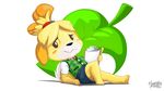  2017 animal_crossing canine clipboard clothing dog female isabelle leaf lying mammal mysticalpha nintendo pencil_(object) pose solo video_games 