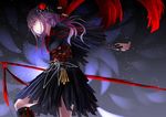  black_kimono floating_hair flower from_side glowing glowing_eyes guilty_crown hair_flower hair_ornament highres isca japanese_clothes kimono long_hair obi purple_hair red_eyes red_flower sash solo standing yuzuriha_inori 