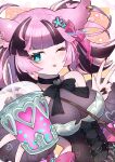  absurdres artist_name black_choker black_nails bow choker cup drink ear_bar erune flower_(symbol) granblue_fantasy hair_bow highres holding holding_cup holding_drink manamel_(granblue_fantasy) multicolored_hair omoch_mcmc one_eye_closed pink_hair ribbon v 