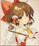  1girl ascot bare_shoulders blunt_ends blush_stickers bow brown_hair closed_mouth commentary crossed_arms detached_sleeves frilled_hair_tubes frilled_shirt_collar frills from_side frown gohei hair_bow hair_tubes hakurei_reimu highres holding holding_gohei huge_bow jill_07km long_sleeves looking_at_viewer medium_hair nontraditional_miko parted_bangs photo_(medium) red_bow red_eyes red_shirt shikishi shirt sidelocks simple_background sleeveless sleeveless_shirt solo sweatdrop symbol-only_commentary touhou traditional_media tsurime upper_body v-shaped_eyebrows white_background white_sleeves yellow_ascot 