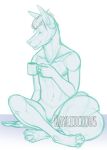 anthro canid digitigrade ear_piercing ear_ring facial_piercing featureless_crotch front_view hair holding_mug holding_object lip_piercing male mammal monochrome mouth_closed mug multiple_piercings navel nude piercing rayliicious ring_piercing short_hair simple_background sitting sketch snakebite_piercing solo tail