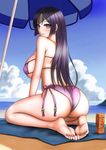 1girl artist_request ass back bangs barefoot beach bikini blanket blue_sky blush breasts cloud day eyepatch_bikini fate/grand_order fate_(series) hips huge_breasts long_hair looking_back minamoto_no_raikou_(fate/grand_order) minamoto_no_raikou_(swimsuit_lancer)_(fate) outdoors parted_bangs purple_bikini purple_eyes purple_hair seiza shiny shiny_hair shiny_skin side-tie_bikini sideboob sky solo suntan_lotion swimsuit thick_thighs thighs very_long_hair wide_hips 
