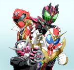  4boys absurdres armor assault_visor black_bodysuit bodysuit card clenched_hand clock company_connection crossover gokai_red helmet highres holding holding_card jacket kaizoku_sentai_gokaiger kamen_rider kamen_rider_dcd kamen_rider_decade kamen_rider_zi-o kamen_rider_zi-o_(series) kikai_sentai_zenkaiger multiple_boys naitsupic pink_armor pink_helmet power_armor power_connection ranger_key red_helmet red_jacket rider_card ridewatch sentai_gear super_sentai tokusatsu trait_connection upper_body white_bodysuit white_helmet zenkaizer 