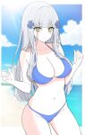  1girl absurdres beach bikini blue_bikini blue_sky blunt_bangs breasts cloud collarbone cowboy_shot cross_hair_ornament day girls&#039;_frontline green_eyes grey_hair hair_ornament highres hk416_(girls&#039;_frontline) large_breasts long_hair looking_at_viewer navel ocean outdoors sky solo standing swimsuit teardrop_facial_mark teardrop_tattoo uchikata_takeaki very_long_hair 