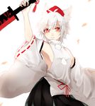  :3 animal_ears arm_up armpits bare_shoulders black_skirt breasts bright_background commentary_request detached_sleeves hair_between_eyes hat holding holding_sword holding_weapon inubashiri_momiji light_smile looking_at_viewer pom_pom_(clothes) red_eyes ribbon-trimmed_sleeves ribbon_trim shirt short_hair sideboob skirt small_breasts solo standing sword tokin_hat touhou turtleneck upper_body v-shaped_eyebrows weapon white_hair white_shirt wide_sleeves wolf_ears yuki_chika 