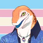  1:1 anthro blue_clothing blue_tongue blue_topwear bust_portrait clothed clothing front_view green_eyes jewelry lgbt_pride looking_at_viewer male necklace open_clothing open_mouth open_topwear orange_body portrait pride_colors rayliicious scalie solo tongue topwear transgender_pride_colors white_body 