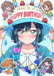  4girls adjusting_clothes adjusting_headwear birthday black_hair blazer blue_eyes blue_hair blue_hat blue_jacket blunt_bangs blush bob_cut bow braid brown_hair cake cake_hat camera casual chibi closed_mouth confetti delicious_party_precure dog food fuwa_kokone gift green_eyes hair_ornament hair_ribbon hairclip happy_birthday hat highres holding holding_camera holding_gift holding_plate jacket long_sleeves looking_at_viewer moro_precure multiple_girls pam-pam_(precure) paper_chain plate precure purple_eyes red_eyes ribbon shirt shirt_bow short_hair smile solo_focus twin_braids twitter_username two-tone_hat two_side_up watch white_bow white_hat white_shirt wristwatch 