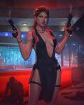  1girl 2others belt black_belt black_dress breasts brown_eyes brown_hair cleavage dalejomej dress dual_wielding gun handgun highres holding holding_gun holding_weapon indoors jewelry lara_croft long_hair looking_to_the_side medium_breasts multiple_others necklace signature sleeveless sleeveless_dress smoke smoking_gun solo solo_focus tomb_raider weapon 