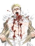 1boy absurdres blonde_hair blood blood_from_mouth blood_on_chest blood_on_face brown_shirt collared_shirt constricted_pupils cosplay cuts dungeon_meshi english_commentary falin_touden falin_touden_(chimera) falin_touden_(chimera)_(cosplay) fangs feathers hands_up highres injury laios_touden looking_at_viewer male_focus megami_2 monsterification open_mouth shirt short_hair simple_background tearing_clothes torn_clothes undercut upper_body very_short_hair white_background 