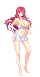  1girl andrea_kuki-murakami barefoot blue_eyes breasts cleavage dress feet full_body grin hand_on_own_hip highres hinata_nao huge_breasts long_hair navel official_alternate_costume official_art photoshop_(medium) pregnant red_hair sex_underworld_e_youkoso! short_dress smile solo standing stomach sword tachi-e toes transparent_background weapon white_dress 