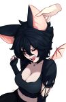  1girl absurdres animal_ears bat_ears bat_girl bat_wings black_gloves black_hair black_nails black_shirt blush bra bra_peek breasts cleavage cross cross_necklace disembodied_limb ear_fondling eargasm elbow_gloves english_commentary fingernails gloves grabbing grabbing_another&#039;s_ear hand_on_another&#039;s_ear highres jewelry large_breasts mekrani midriff mole mole_on_breast mole_under_eye multiple_moles multiple_rings necklace one_eye_closed open_mouth original red_eyes ring shirt simple_background sitting solo teeth uncommon_stimulation underwear upper_teeth_only wings 