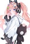  1girl ahoge animal_ear_headphones animal_ears black_ribbon blonde_hair blue_eyes blush cat_ear_headphones commission eip_(pepai) eyewear_on_head fake_animal_ears from_side glasses hair_ornament hair_ribbon hand_up headphones highres hood hood_down hoodie long_hair looking_at_viewer original ribbon simple_background skeb_commission solo stuffed_animal stuffed_toy twintails white_background white_hoodie 