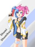 1girl blue_eyes gun highres holding holding_gun holding_weapon multicolored_hair shorts shumi_shumikea siegfried1810 twintails virtual_youtuber weapon 