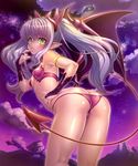  00s 1girl ass back bare_legs bare_shoulders bat_wings bikini breasts bridal_gauntlets butt_crack demon_girl fangs female huge_ass kagami_hirotaka legs lilim_(taimanin_asagi_battle_arena) lilith-soft long_hair looking_at_viewer looking_back night partially_visible_vulva shiny shiny_skin sky small_breasts solo succubus swimsuit tail taimanin_(series) taimanin_asagi taimanin_asagi_battle_arena thong twintails underwear wings 