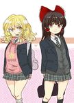  :d backpack bag black_legwear blazer blonde_hair brown_eyes brown_hair commentary hakurei_reimu heart hood hoodie implied_yuri jacket kirisame_marisa looking_at_viewer loose_socks medium_hair miniskirt multiple_girls necktie open_mouth ovo round_teeth school_uniform side-by-side skirt smile socks star star_print sweater_vest teeth thick_thighs thighs touhou uniform wavy_hair white_legwear yellow_eyes 