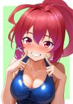  1girl ahoge anniversary blue_one-piece_swimsuit blush breasts cleavage collarbone dorachan_r green_background hair_ribbon highres i-168_(kancolle) kantai_collection long_hair looking_at_viewer one-piece_swimsuit pink_hair ponytail red_eyes red_hair ribbon school_swimsuit smile solo swimsuit tri_tails upper_body white_background 