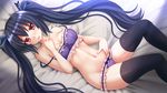  bangs bed_sheet black_hair black_legwear blush bra breasts choujigen_game_neptune collarbone commentary eyebrows_visible_through_hair frilled_bra frilled_panties frills hand_on_own_chest hands_up highres kazenokaze long_hair looking_at_viewer lying medium_breasts navel neptune_(series) noire nose_blush on_back open_mouth panties purple_bra purple_panties red_eyes saliva shade shiny shiny_hair solo strap_slip thighhighs thighs twintails underwear very_long_hair 