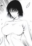  1girl absurdres black_hair breasts fubuki_(one-punch_man) greyscale highres looking_at_viewer monochrome mostlybluewyatt one-punch_man rubble shirt short_hair t-shirt telekinesis white_shirt 