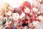  1boy 3girls animal_ears blonde_hair blush breasts cat_ears earrings facial_mark fingerless_gloves gloves grey_hair headpiece highres jewelry large_breasts long_hair low_twintails multiple_girls mythra_(xenoblade) nia_(blade)_(xenoblade) nia_(xenoblade) pyra_(xenoblade) red_eyes red_hair rex_(xenoblade) short_hair smile swept_bangs tiara twintails ui_frara very_long_hair xenoblade_chronicles_(series) xenoblade_chronicles_2 yellow_eyes 