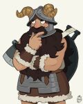  1boy axe beard brown_hair cowboy_shot dungeon_meshi dwarf facial_hair fake_horns helmet holding holding_axe horned_helmet horns long_beard looking_up male_focus senshi_(dungeon_meshi) solo soru_ani stroking_beard thick_mustache thinking very_long_beard wok 