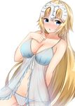  absurdres arm_behind_back ass_visible_through_thighs babydoll bangs bare_shoulders blonde_hair blue_babydoll blue_eyes blue_panties blush breasts cleavage collarbone commentary_request dutch_angle eyebrows_visible_through_hair eyes_visible_through_hair fate/apocrypha fate_(series) hand_on_own_chest highres jeanne_d'arc_(fate) jeanne_d'arc_(fate)_(all) large_breasts long_hair looking_at_viewer moyoron navel nose_blush open_mouth panties see-through side-tie_panties simple_background solo standing underwear very_long_hair white_background 