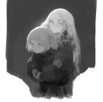  2girls black_background child closed_mouth coat greyscale highres hug hug_from_behind long_hair long_sleeves looking_at_viewer monochrome multiple_girls nanbo_ataru_(attall) original photoshop_(medium) short_hair sketch smile upper_body 