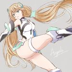  angela_balzac ass bangs bare_shoulders blonde_hair blue_eyes breasts deva_battle_suit elbow_gloves gloves headgear large_breasts leotard long_hair low_twintails mishiro_(andante) rakuen_tsuihou smile solo thigh_strap twintails very_long_hair 