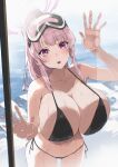  1girl :o absurdres against_glass artist_logo bare_arms bare_shoulders bikini black_bikini blue_archive blush bondtanuki breasts chromatic_aberration cleavage collarbone commentary_request day eimi_(blue_archive) eimi_(swimsuit)_(blue_archive) glacier goggles goggles_on_head halo high_ponytail highres huge_breasts long_hair looking_at_viewer navel open_mouth pink_eyes pink_hair pink_halo side-tie_bikini_bottom ski_goggles solo stomach string_bikini swimsuit teeth thighs upper_teeth_only 